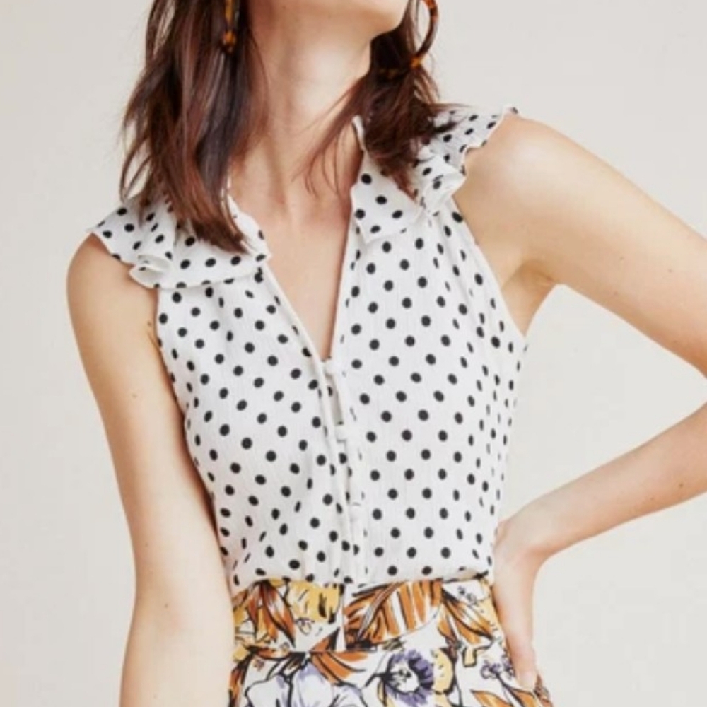 Anthropologie Polka Dot Ruffle Sleeve Top